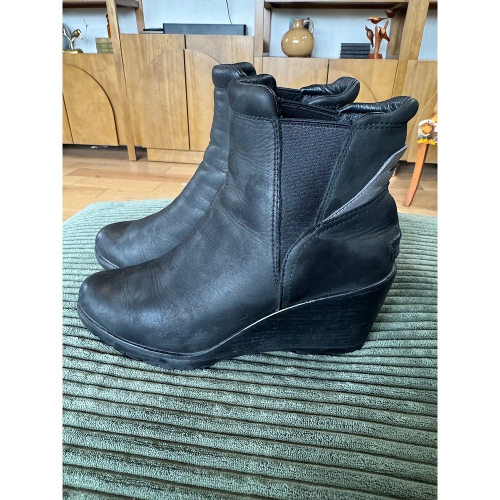 Sorel Womens After Hours Black Leather Wedge Heel Ankle Boots Size 10